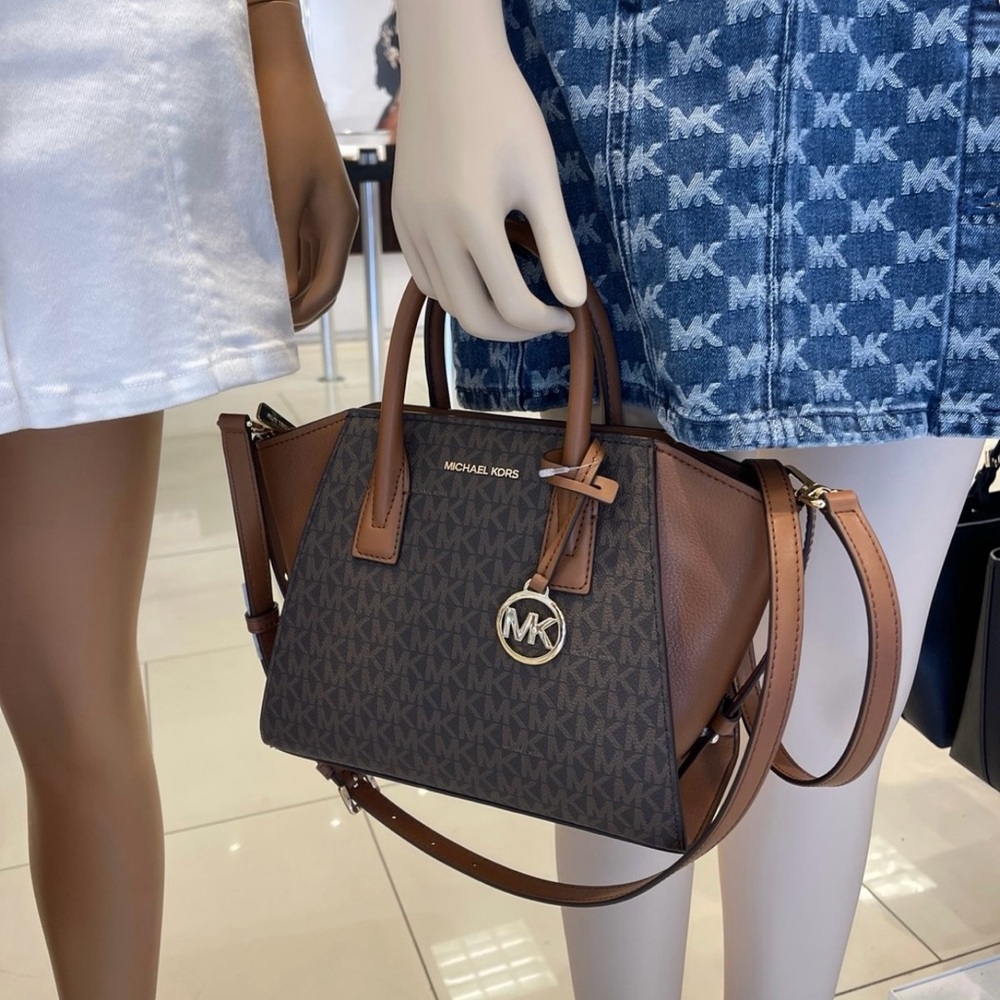 Michael Kors Avril Small Leather Logo Satchel Crossbody Brown Top Zip Bag NWT - Picture 3 of 16